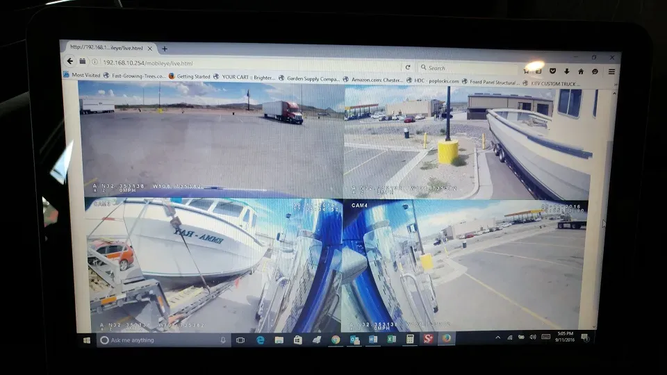 Interior view of the camera system on the 2017 Peterbilt 579 truck named Eve used for boat shipping.